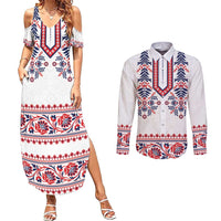 Panama Pollera Traditional Pattern Couples Matching Summer Maxi Dress and Long Sleeve Button Shirt