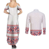 Panama Pollera Traditional Pattern Couples Matching Summer Maxi Dress and Long Sleeve Button Shirt