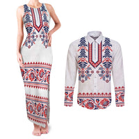 Panama Pollera Traditional Pattern Couples Matching Tank Maxi Dress and Long Sleeve Button Shirt