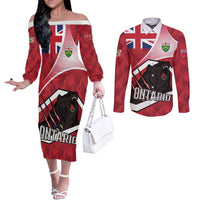 Personalized Canada Ontario Province Couples Matching Off The Shoulder Long Sleeve Dress and Long Sleeve Button Shirt Black Bear Flag Stylized