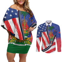Haitian Americans Zipper Stylized Couples Matching Off Shoulder Short Dress and Long Sleeve Button Shirt Haiti Heritage Month 2025