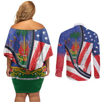 Haitian Americans Zipper Stylized Couples Matching Off Shoulder Short Dress and Long Sleeve Button Shirt Haiti Heritage Month 2025