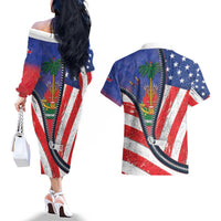 Haitian Americans Zipper Stylized Couples Matching Off The Shoulder Long Sleeve Dress and Hawaiian Shirt Haiti Heritage Month 2025