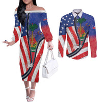 Haitian Americans Zipper Stylized Couples Matching Off The Shoulder Long Sleeve Dress and Long Sleeve Button Shirt Haiti Heritage Month 2025