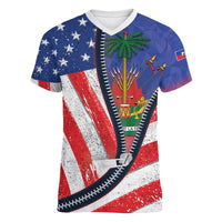 Haitian Americans Zipper Stylized Women V-Neck T-Shirt Haiti Heritage Month 2025