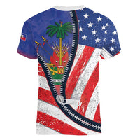Haitian Americans Zipper Stylized Women V-Neck T-Shirt Haiti Heritage Month 2025