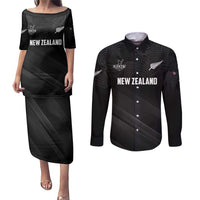 Custom New Zealand Cricket Couples Matching Puletasi and Long Sleeve Button Shirt Aotearoa Black Cap Come On