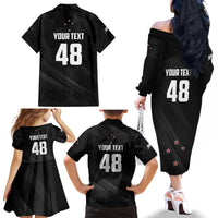 Custom New Zealand Cricket Family Matching Off The Shoulder Long Sleeve Dress and Hawaiian Shirt Aotearoa Black Cap Come On