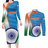 Custom India Cricket Couples Matching Long Sleeve Bodycon Dress and Long Sleeve Button Shirt Men in Blue Champions 2025