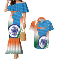 Custom India Cricket Couples Matching Mermaid Dress and Hawaiian Shirt Men in Blue Champions 2025