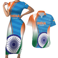 Custom India Cricket Couples Matching Short Sleeve Bodycon Dress and Hawaiian Shirt Men in Blue Champions 2025