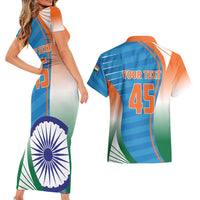 Custom India Cricket Couples Matching Short Sleeve Bodycon Dress and Hawaiian Shirt Men in Blue Champions 2025