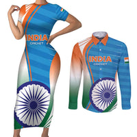 Custom India Cricket Couples Matching Short Sleeve Bodycon Dress and Long Sleeve Button Shirt Men in Blue Champions 2025