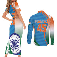 Custom India Cricket Couples Matching Short Sleeve Bodycon Dress and Long Sleeve Button Shirt Men in Blue Champions 2025