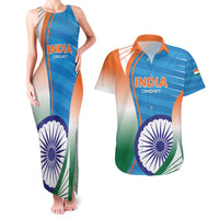 Custom India Cricket Couples Matching Tank Maxi Dress and Hawaiian Shirt Men in Blue Champions 2025