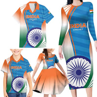 Custom India Cricket Family Matching Long Sleeve Bodycon Dress and Hawaiian Shirt Men in Blue Champions 2025
