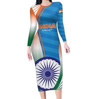 Custom India Cricket Family Matching Long Sleeve Bodycon Dress and Hawaiian Shirt Men in Blue Champions 2025