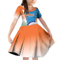 Custom India Cricket Family Matching Off Shoulder Short Dress and Hawaiian Shirt Men in Blue Champions 2025