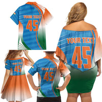 Custom India Cricket Family Matching Off Shoulder Short Dress and Hawaiian Shirt Men in Blue Champions 2025