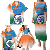Custom India Cricket Family Matching Puletasi and Hawaiian Shirt Men in Blue Champions 2025