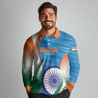 Custom India Cricket Long Sleeve Polo Shirt Men in Blue Champions 2025