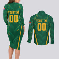 Custom South Africa Cricket Couples Matching Long Sleeve Bodycon Dress and Long Sleeve Button Shirt SA Protea Woza Nawe