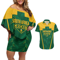Custom South Africa Cricket Couples Matching Off Shoulder Short Dress and Hawaiian Shirt SA Protea Woza Nawe