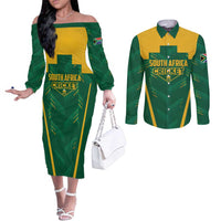 Custom South Africa Cricket Couples Matching Off The Shoulder Long Sleeve Dress and Long Sleeve Button Shirt SA Protea Woza Nawe