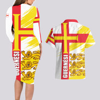 Guernsey Liberation Day Couples Matching Long Sleeve Bodycon Dress and Hawaiian Shirt Guernesi Three Lion - Wonder Print Shop