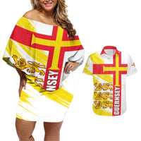 Guernsey Liberation Day Couples Matching Off Shoulder Short Dress and Hawaiian Shirt Guernesi Three Lion - Wonder Print Shop