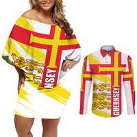 Guernsey Liberation Day Couples Matching Off Shoulder Short Dress and Long Sleeve Button Shirt Guernesi Three Lion - Wonder Print Shop