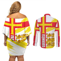 Guernsey Liberation Day Couples Matching Off Shoulder Short Dress and Long Sleeve Button Shirt Guernesi Three Lion - Wonder Print Shop
