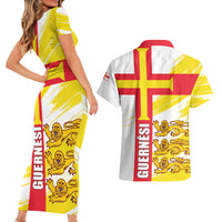 Guernsey Liberation Day Couples Matching Short Sleeve Bodycon Dress and Hawaiian Shirt Guernesi Three Lion - Wonder Print Shop