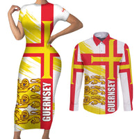 Guernsey Liberation Day Couples Matching Short Sleeve Bodycon Dress and Long Sleeve Button Shirt Guernesi Three Lion - Wonder Print Shop