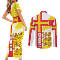 Guernsey Liberation Day Couples Matching Short Sleeve Bodycon Dress and Long Sleeve Button Shirt Guernesi Three Lion - Wonder Print Shop
