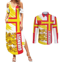 Guernsey Liberation Day Couples Matching Summer Maxi Dress and Long Sleeve Button Shirt Guernesi Three Lion - Wonder Print Shop