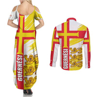 Guernsey Liberation Day Couples Matching Summer Maxi Dress and Long Sleeve Button Shirt Guernesi Three Lion - Wonder Print Shop