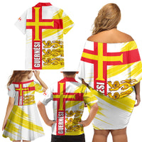 Guernsey Liberation Day Family Matching Off Shoulder Short Dress and Hawaiian Shirt Guernesi Three Lion - Wonder Print Shop