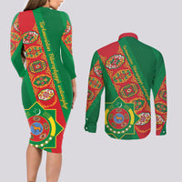 Turkmenistan Flag Day Couples Matching Long Sleeve Bodycon Dress and Long Sleeve Button Shirt Turkmenistan Bitaraplygyn watanydyr - Wonder Print Shop
