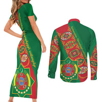 Turkmenistan Flag Day Couples Matching Short Sleeve Bodycon Dress and Long Sleeve Button Shirt Turkmenistan Bitaraplygyn watanydyr - Wonder Print Shop