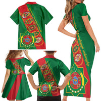Turkmenistan Flag Day Family Matching Short Sleeve Bodycon Dress and Hawaiian Shirt Turkmenistan Bitaraplygyn watanydyr - Wonder Print Shop