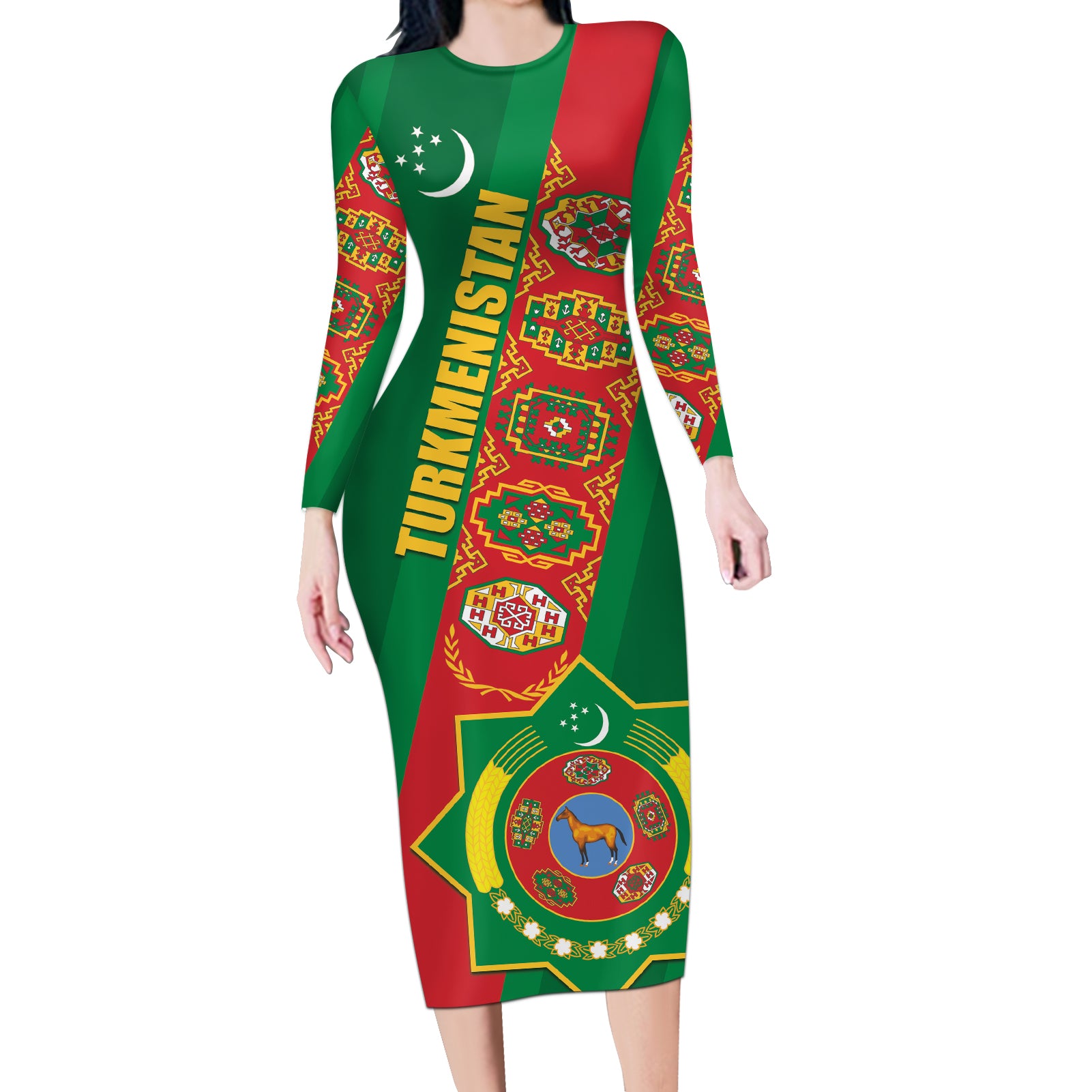 Turkmenistan Flag Day Long Sleeve Bodycon Dress Turkmenistan Bitaraplygyn watanydyr LT01
