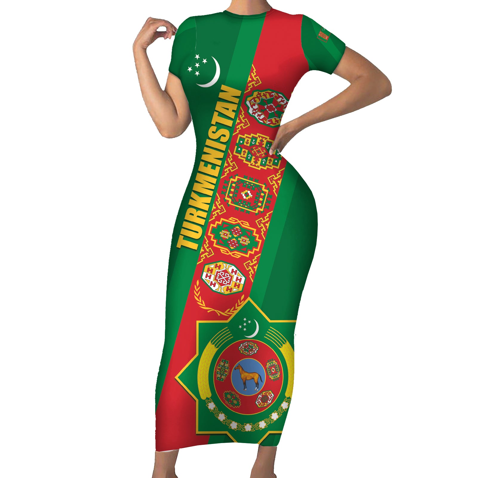 Turkmenistan Flag Day Short Sleeve Bodycon Dress Turkmenistan Bitaraplygyn watanydyr LT01