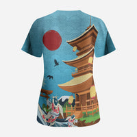Japan Land Of The Rising Sun Scrub Top Japanese Pagoda Koi Fish