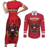 Custom Austria 2024 Football Couples Matching Short Sleeve Bodycon Dress and Long Sleeve Button Shirt Das Team Go Champions - Wonder Print Shop