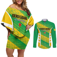 Custom French Guiana Football Couples Matching Off Shoulder Short Dress and Long Sleeve Button Shirt Go Les Yana Dokos - Wonder Print Shop