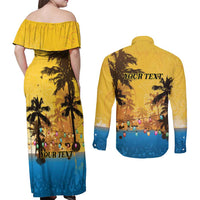 Personalized Xmas in July 2025 Couples Matching Off Shoulder Maxi Dress and Long Sleeve Button Shirt Caribbean Summer Christmas - Wonder Print Shop