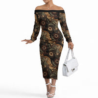 Batik Pedalaman Semen Lereng Style Off The Shoulder Long Sleeve Dress Indonesian Traditional Pattern