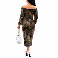Batik Pedalaman Semen Lereng Style Off The Shoulder Long Sleeve Dress Indonesian Traditional Pattern