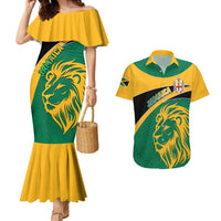 Couples mermaid dress and Hawaiian shirt set, green and yellow with lion graphic